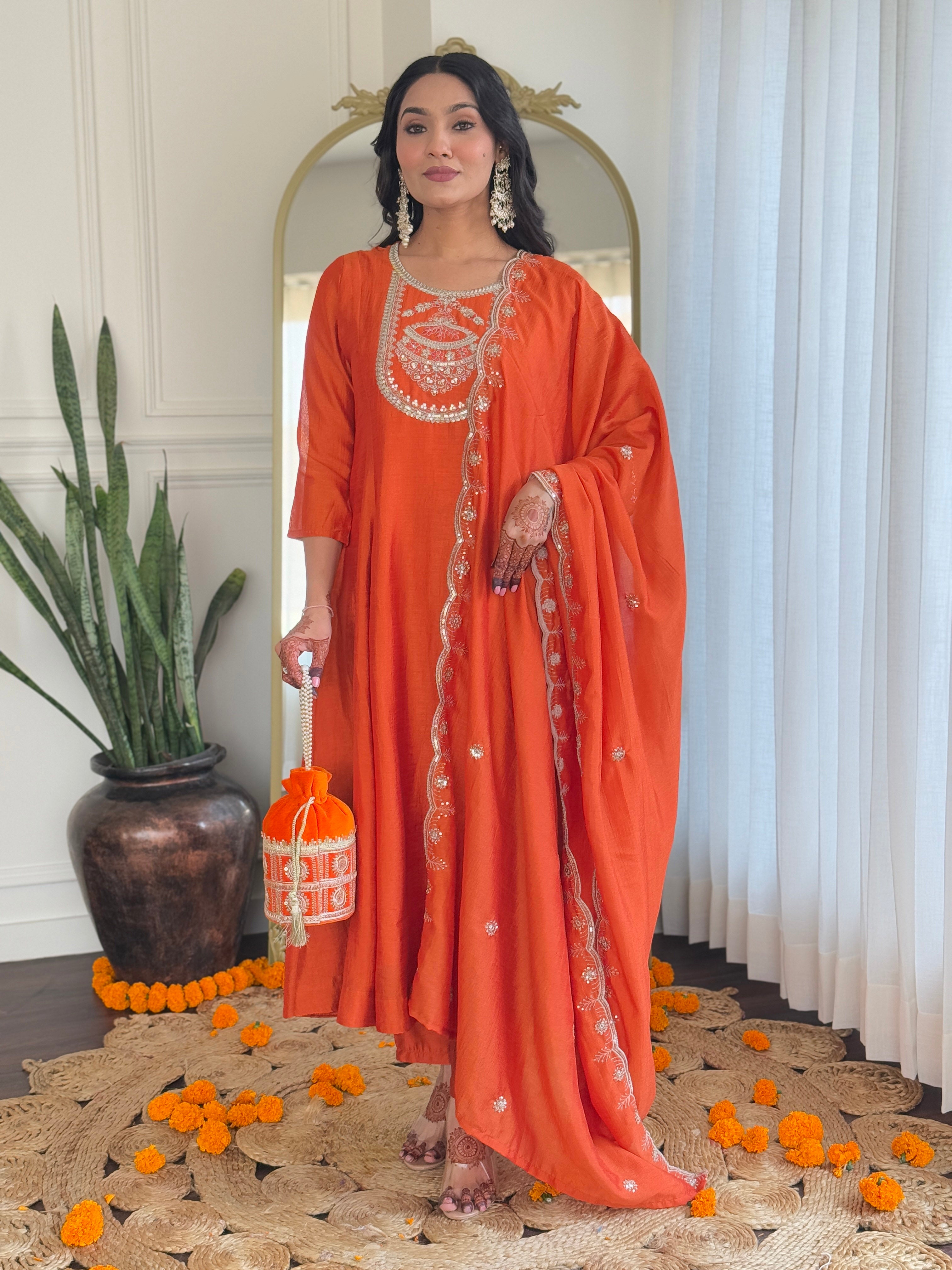 Women's Orange Embroidered Vichitra Silk Fabric Straight Kurta, Pant and Dupatta Set