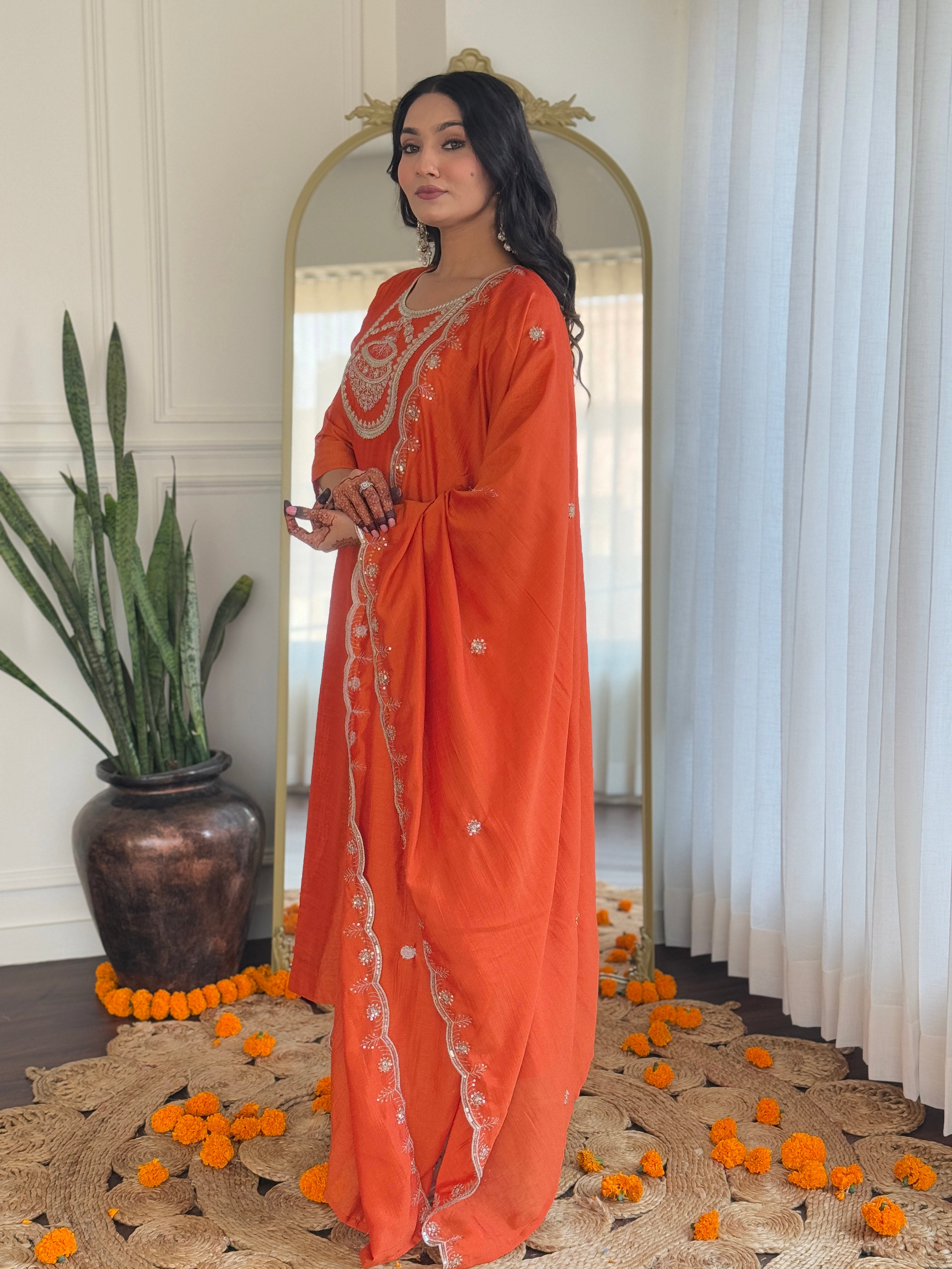 Women's Orange Embroidered Vichitra Silk Fabric Straight Kurta, Pant and Dupatta Set