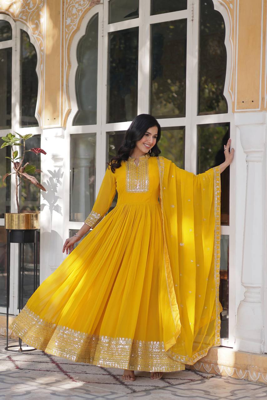 Yellow Sequin Embroidery Work Lehenga Kurta