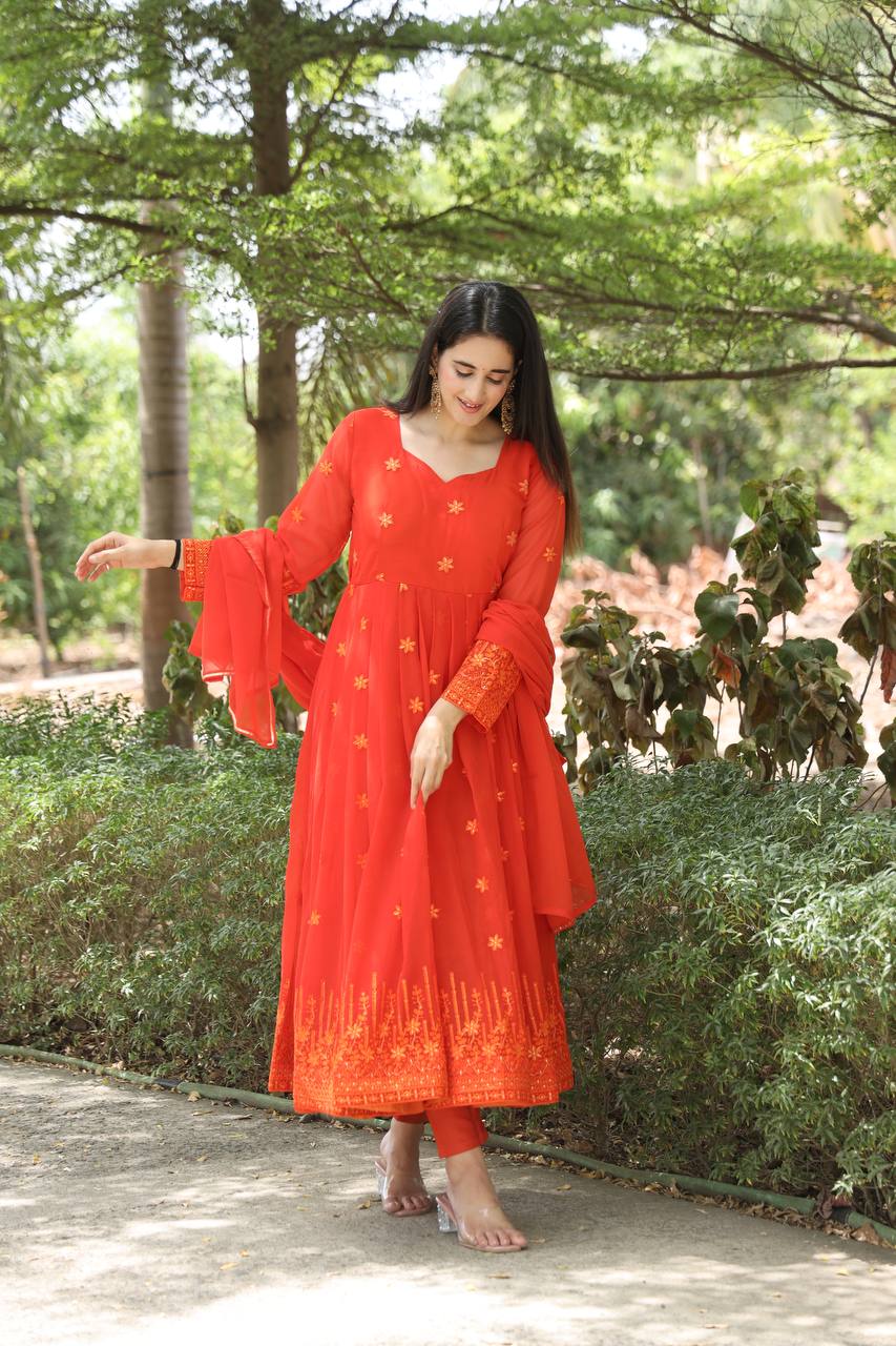 Red Tonal Embroidered Anarkali Kurta Set