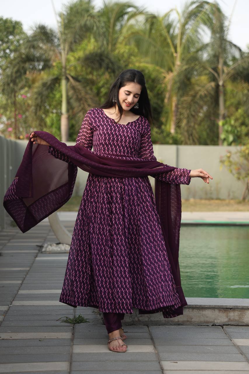 Purple Printed Anarkali Kurta set