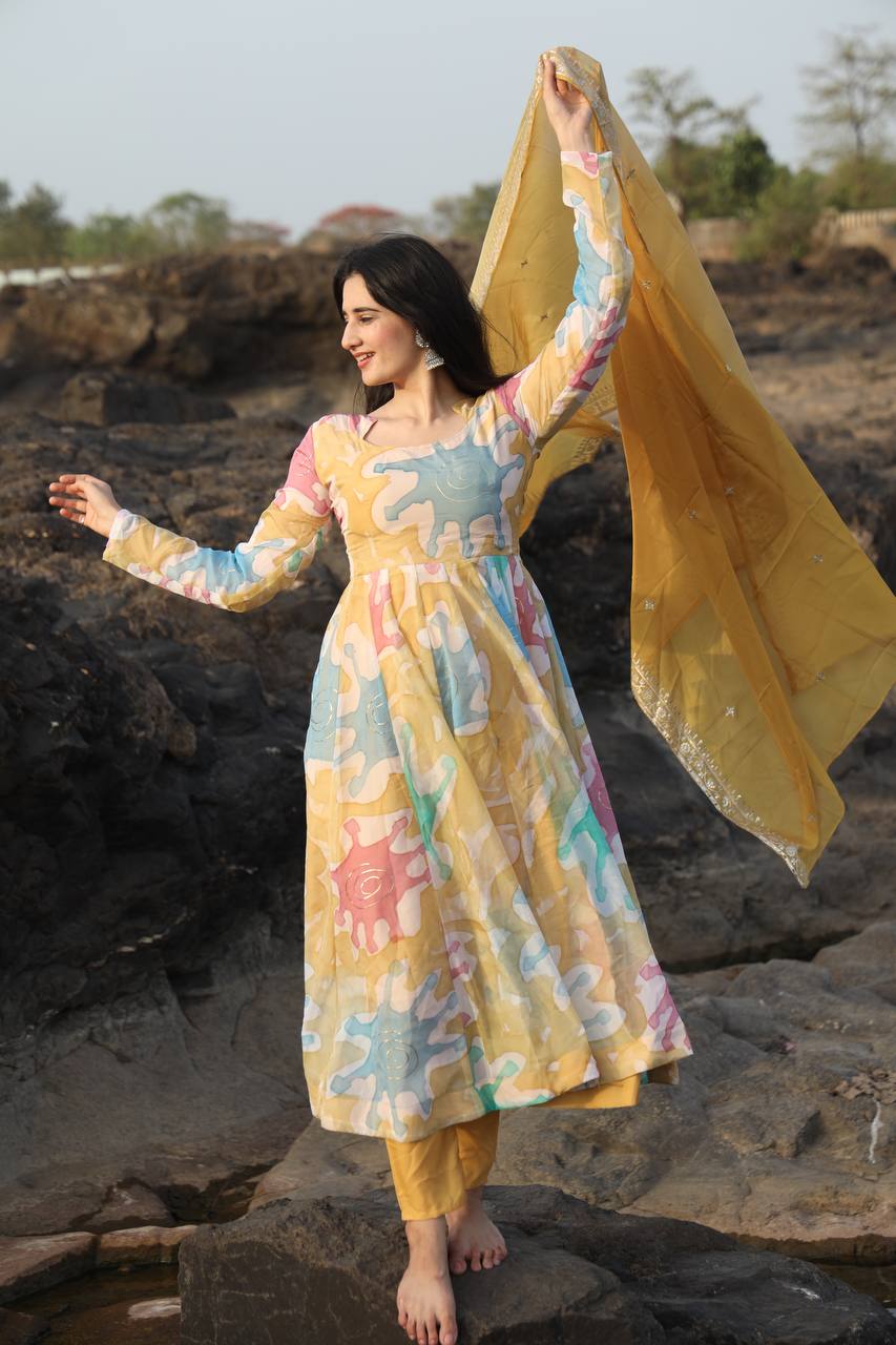 Yellow Abstract Print Anarkali Kurta Set