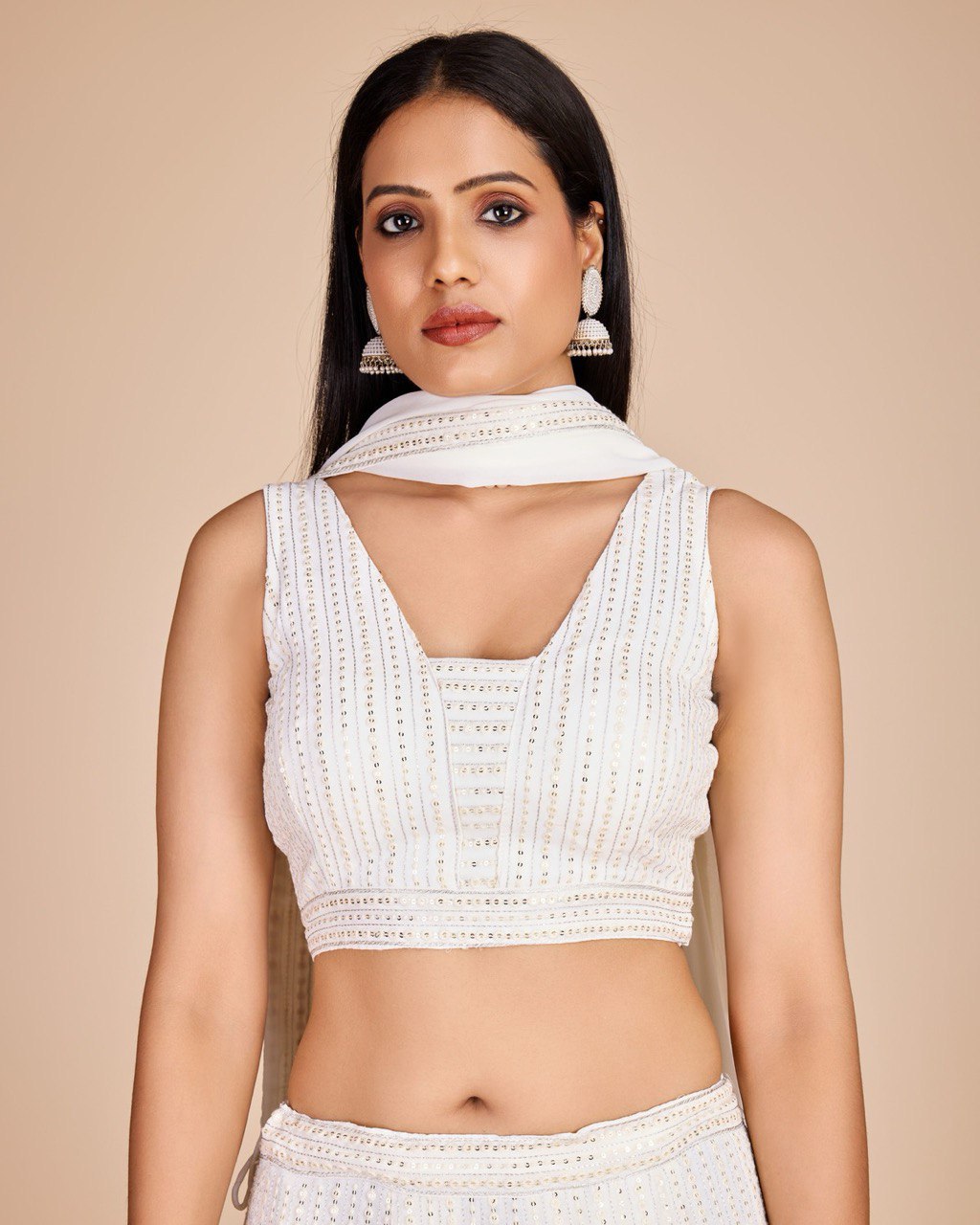 White Sequin Thread Embroidery Lehenga Set