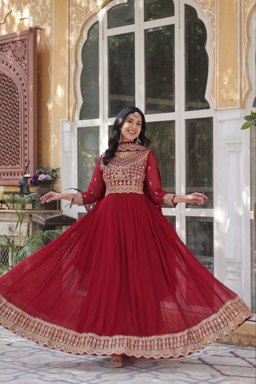 Maroon Embroidery Work Georgette Lehenga