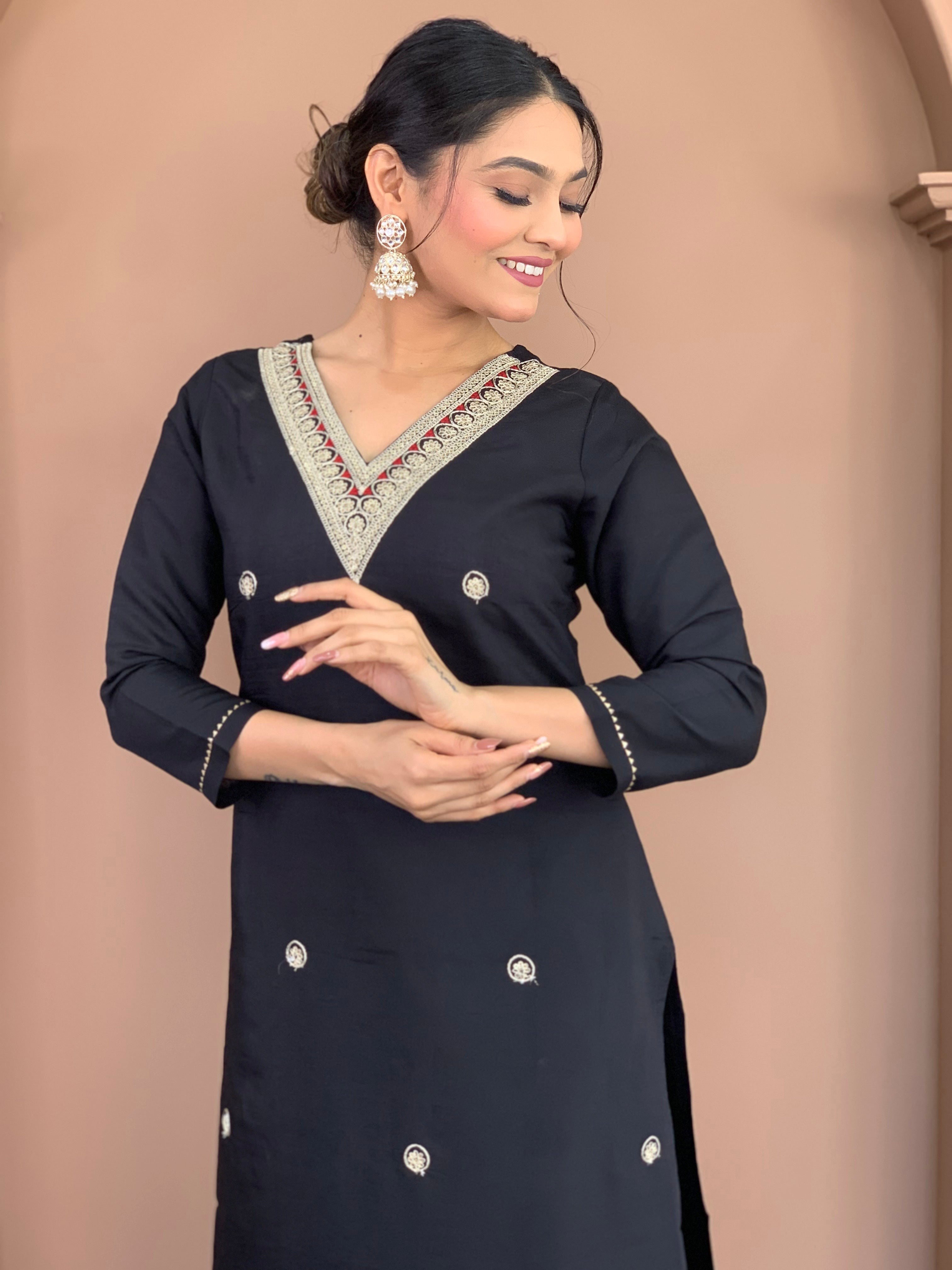 Black Rayon Embroidered Kurta Set