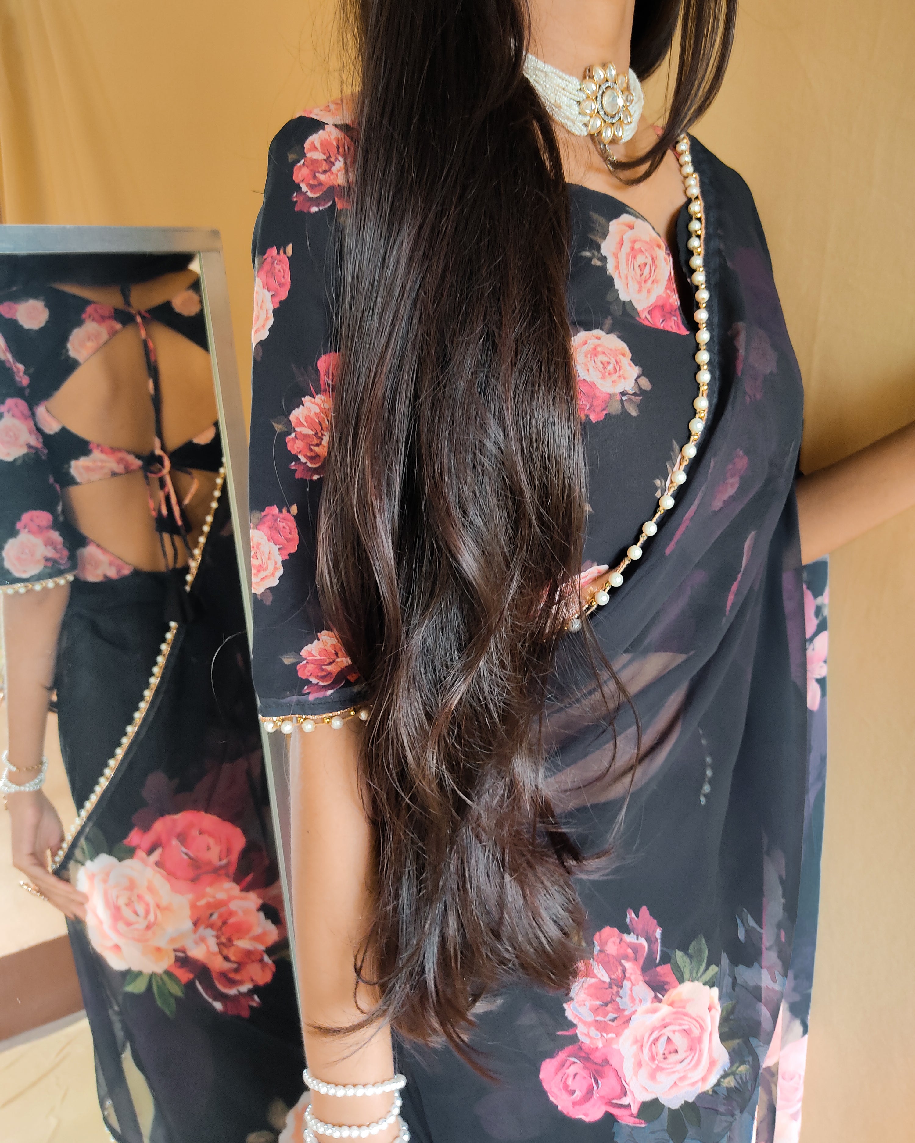 Black Color Georgette Floral Saree
