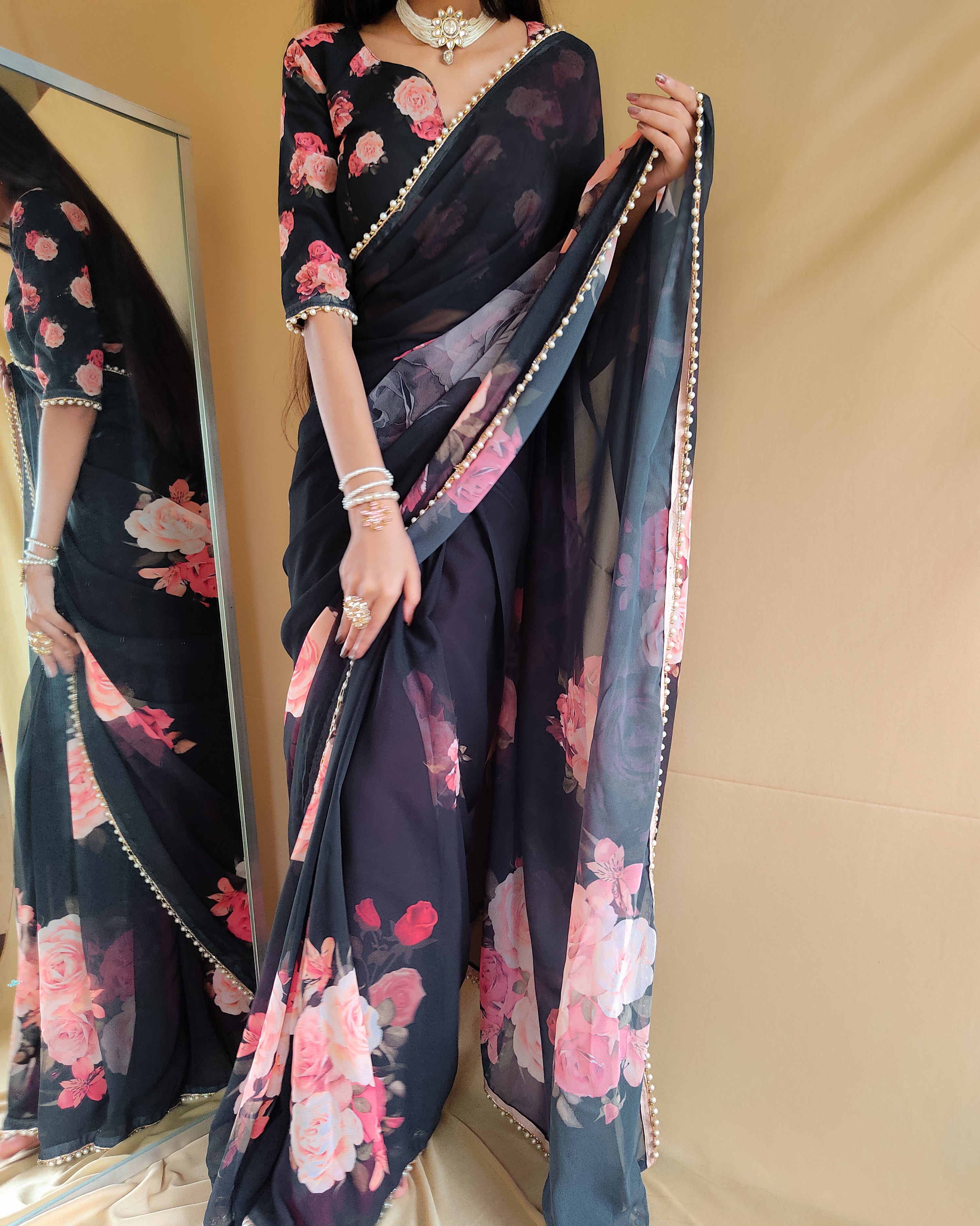 Black Color Georgette Floral Saree