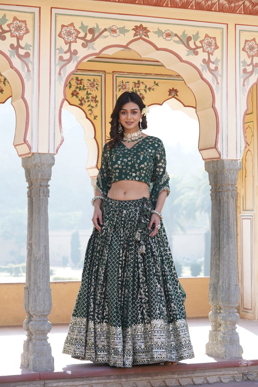 Green Vine Floral Embroidered Lehenga