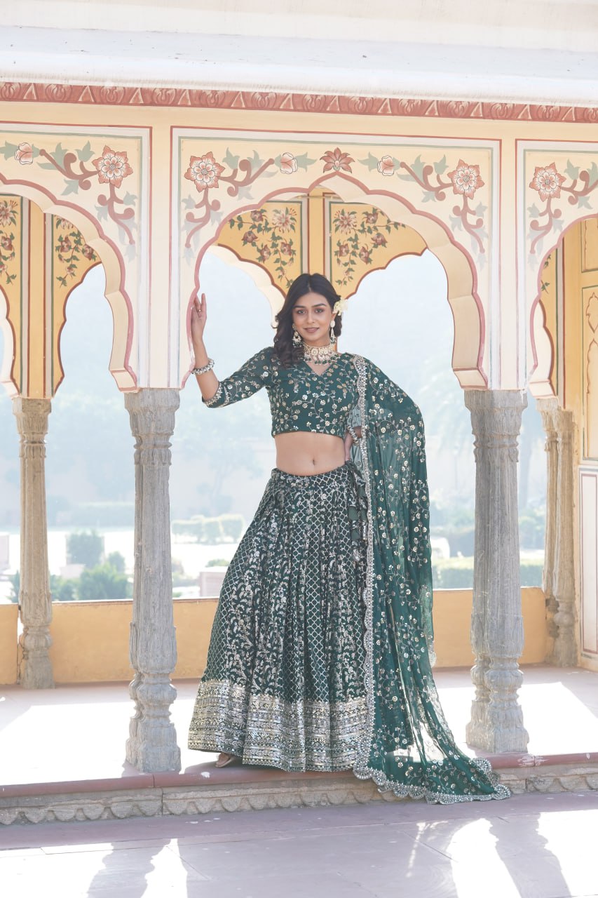 Green Vine Floral Embroidered Lehenga