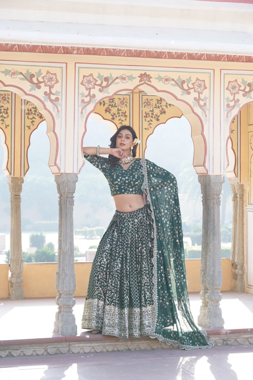 Green Vine Floral Embroidered Lehenga
