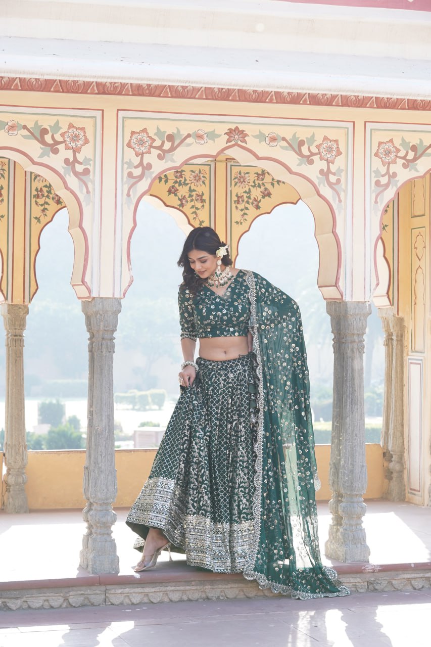 Green Vine Floral Embroidered Lehenga
