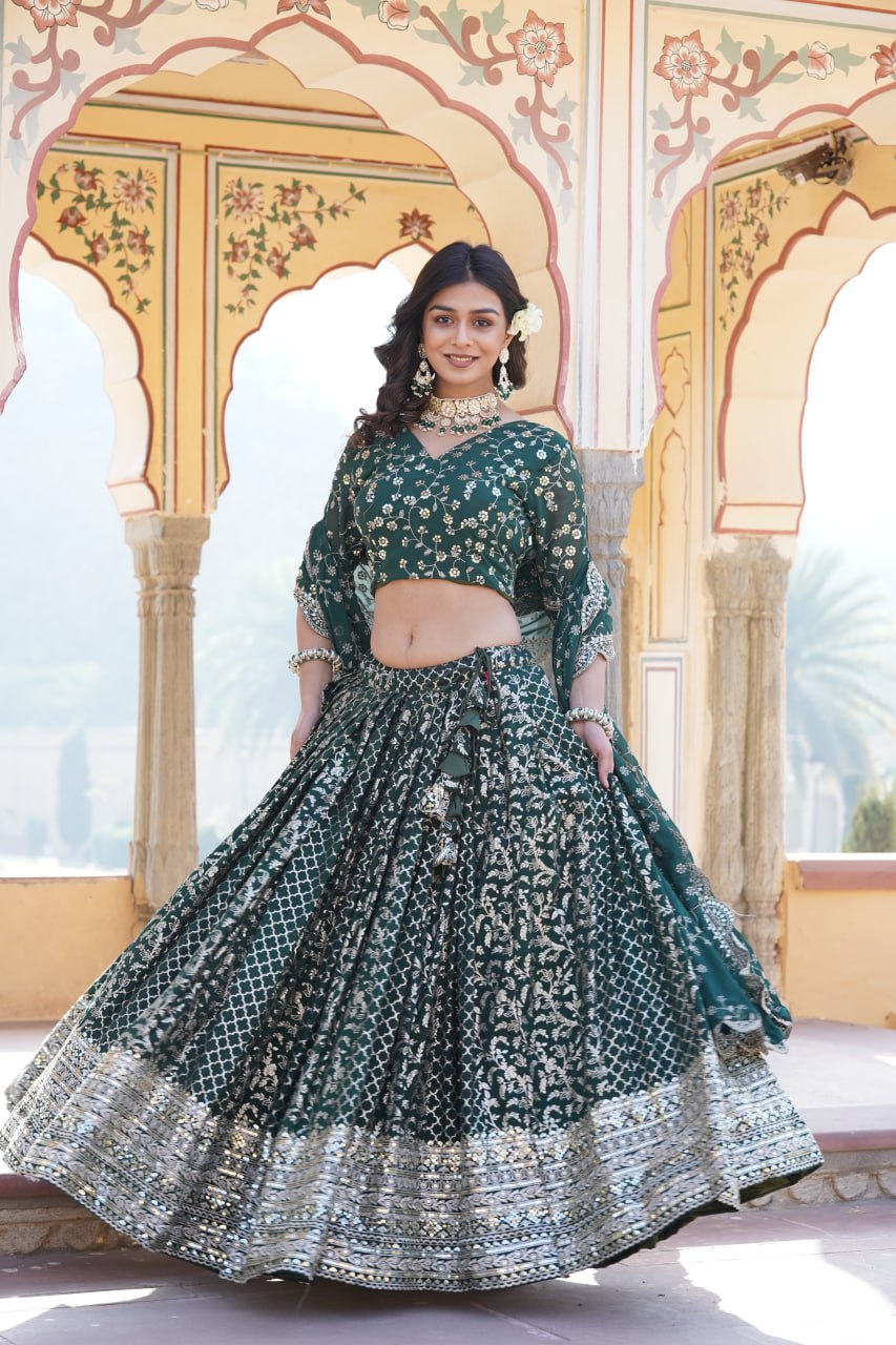 Green Vine Floral Embroidered Lehenga