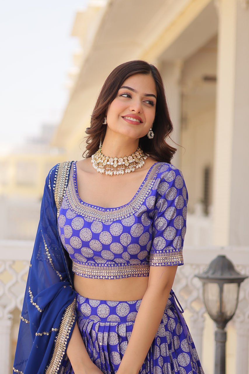 Blue Jaquard Lehenga Set