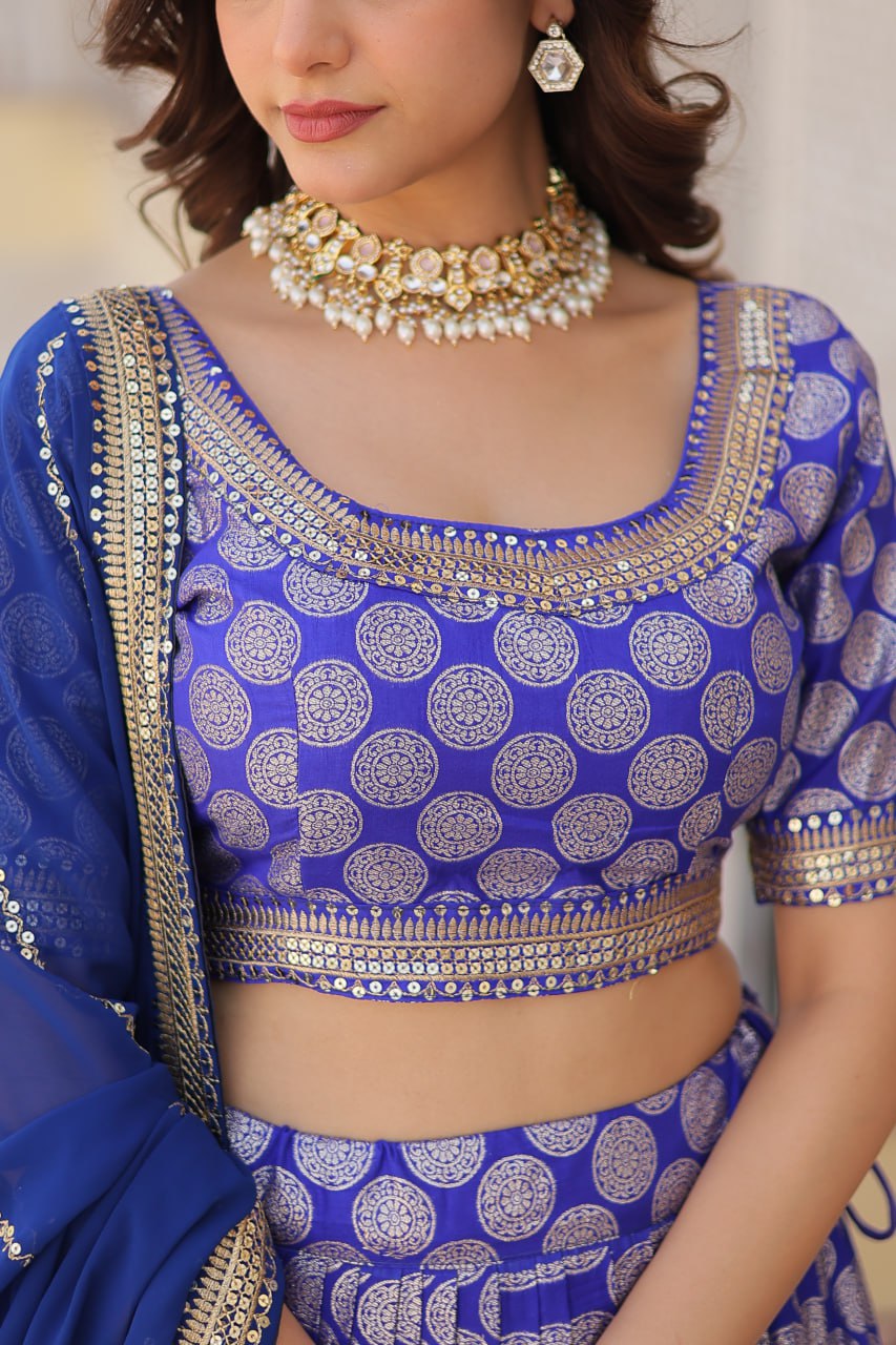 Blue Jaquard Lehenga Set