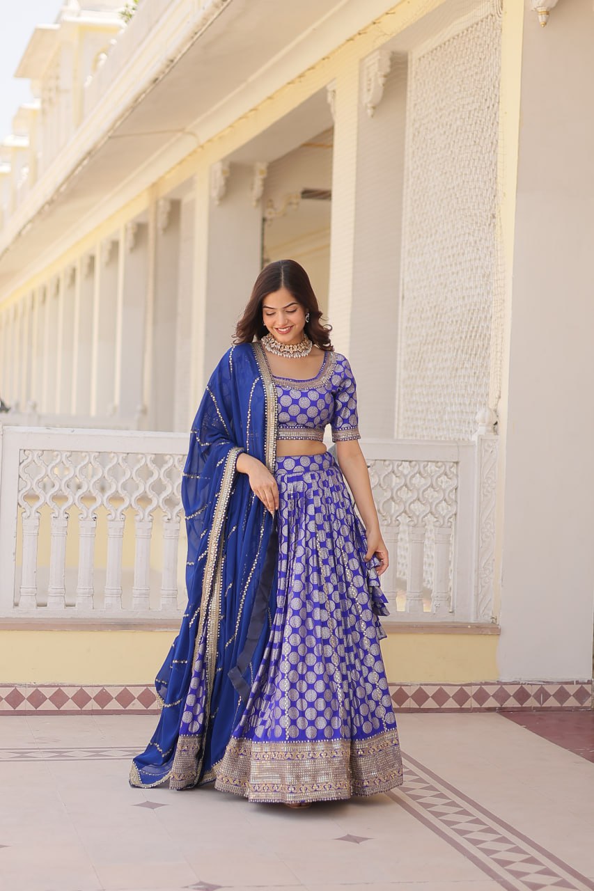 Blue Jaquard Lehenga Set