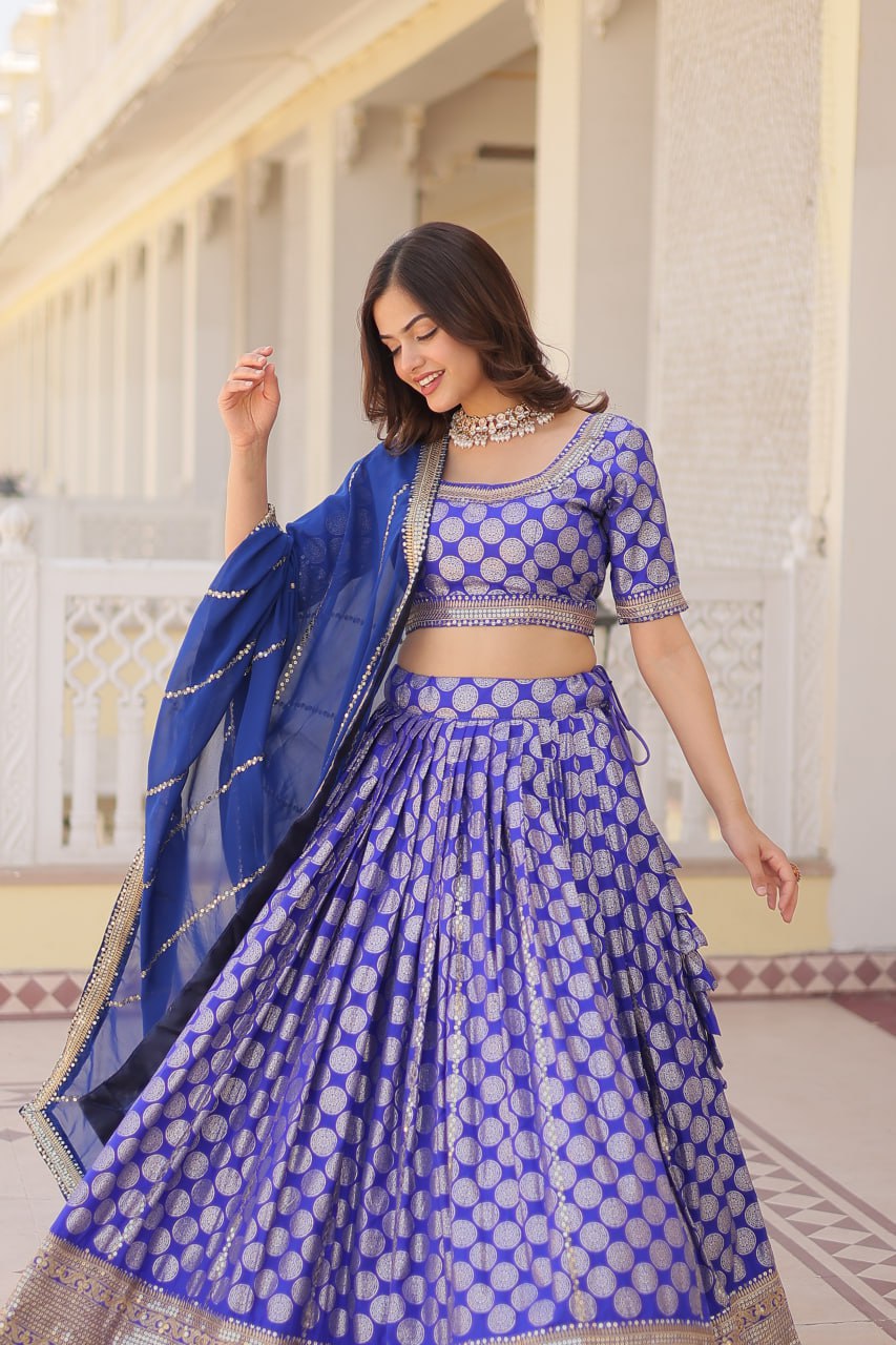 Blue Jaquard Lehenga Set