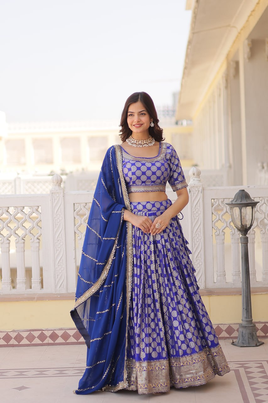 Blue Jaquard Lehenga Set