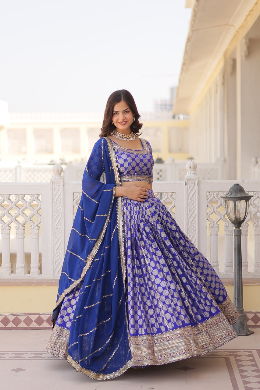 Blue Jaquard Lehenga Set