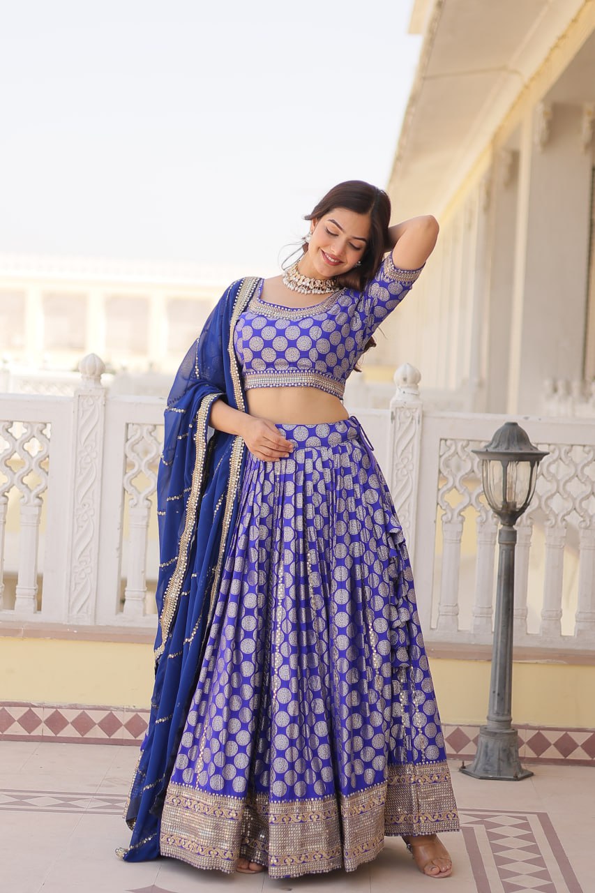 Blue Jaquard Lehenga Set