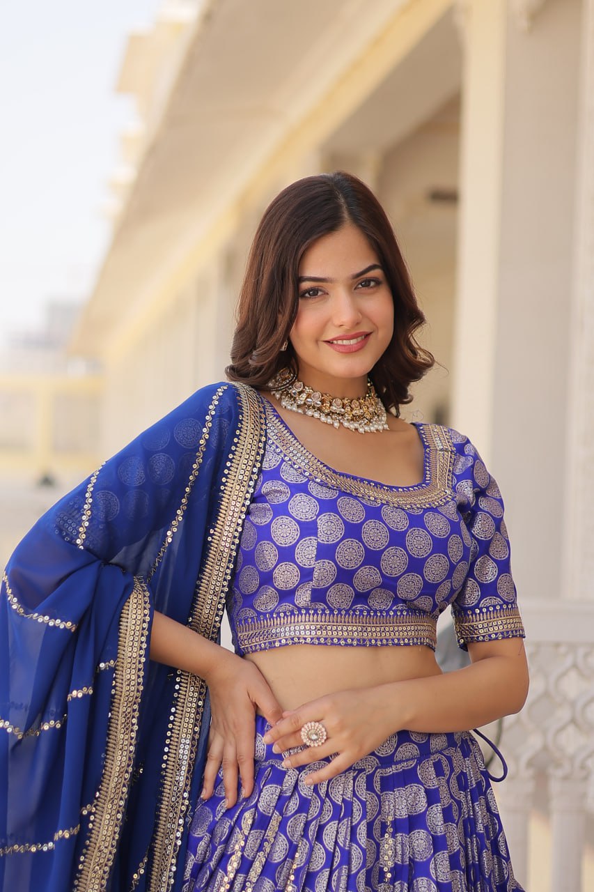 Blue Jaquard Lehenga Set