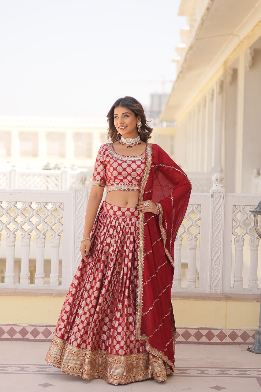Red Jaquard Lehenga Set