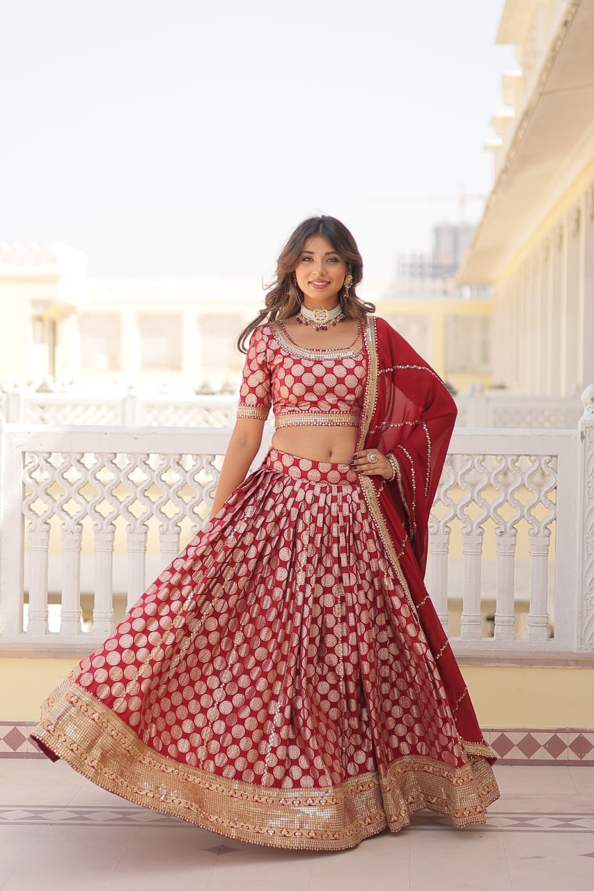 Red Jaquard Lehenga Set