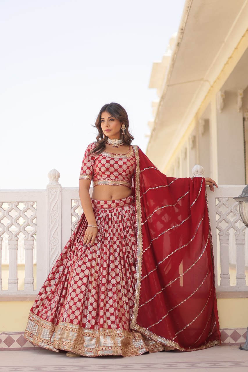 Red Jaquard Lehenga Set