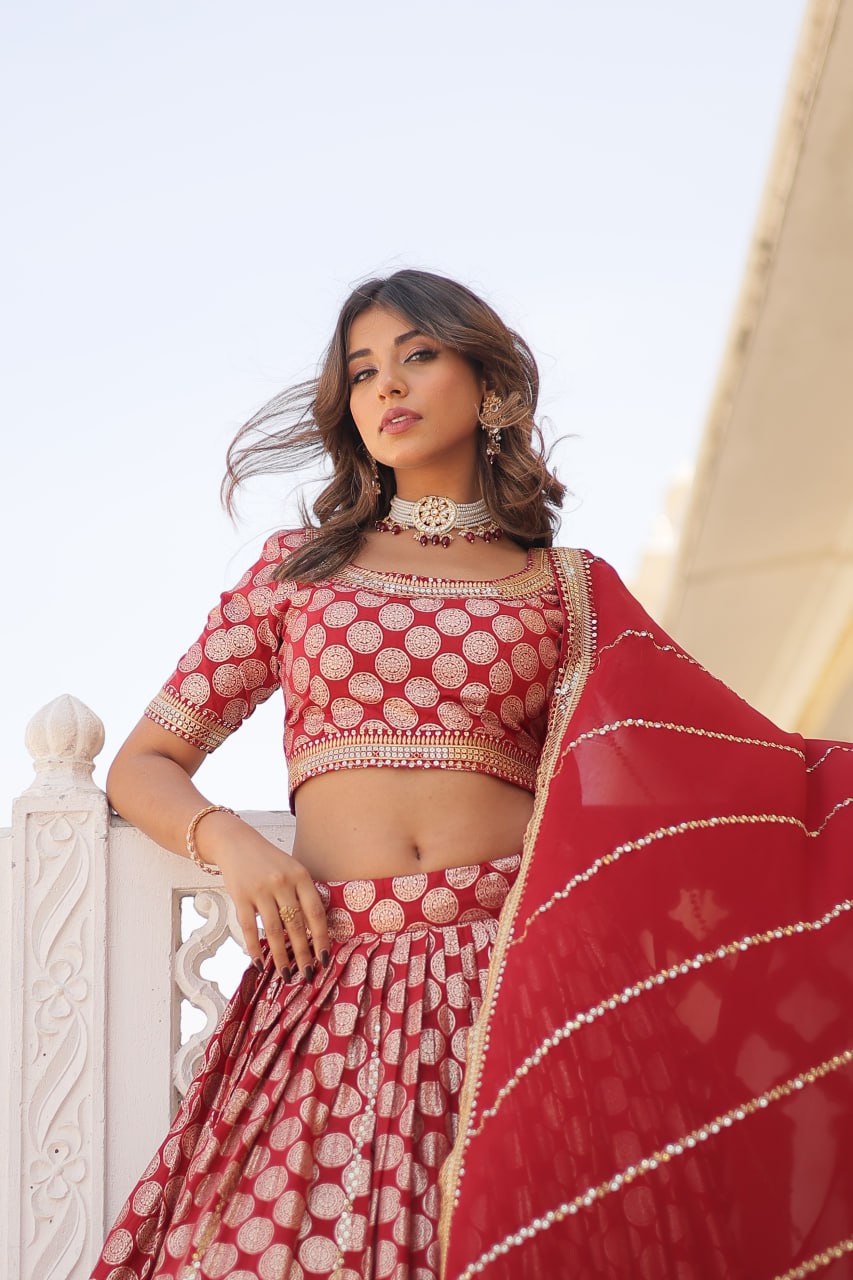 Red Jaquard Lehenga Set