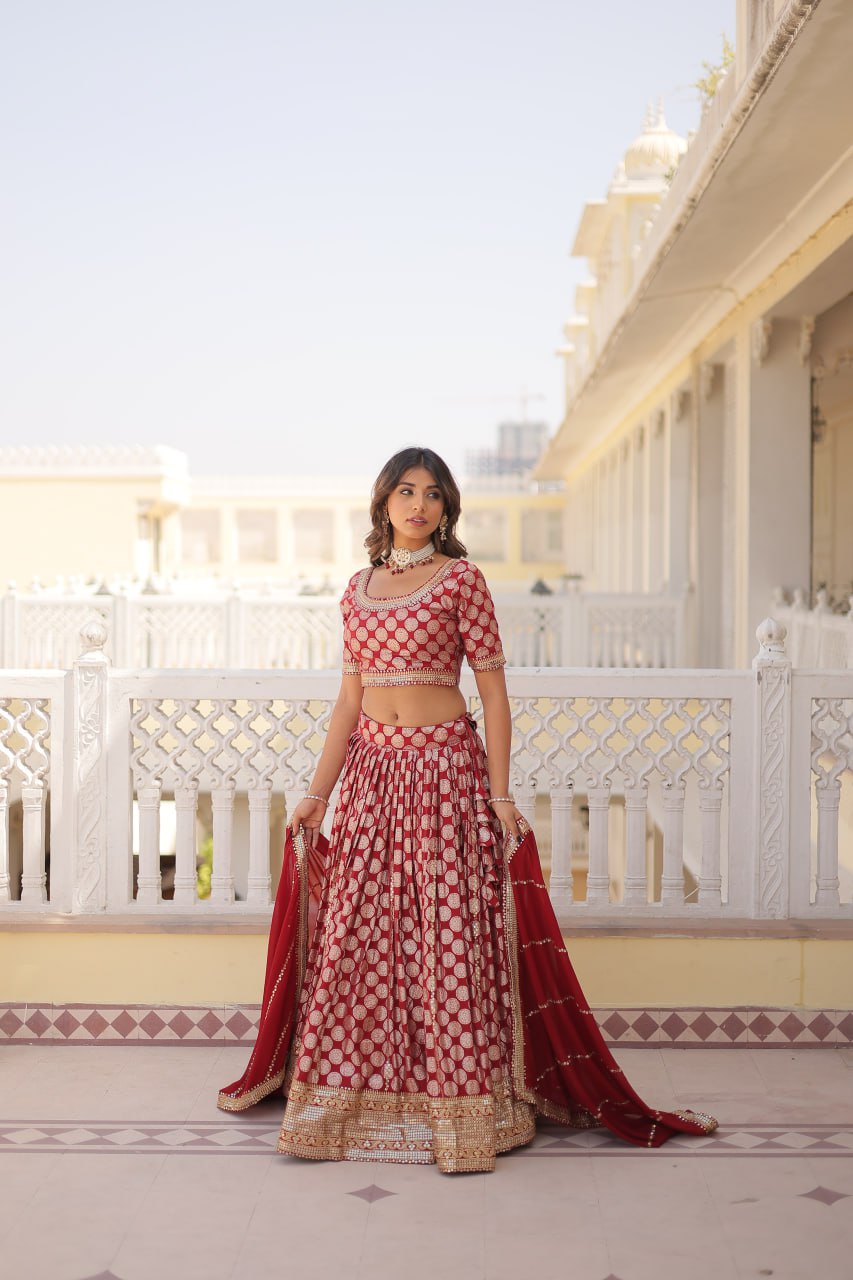 Red Jaquard Lehenga Set