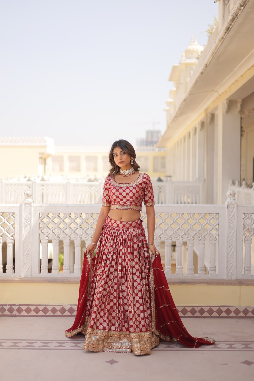 Red Jaquard Lehenga Set