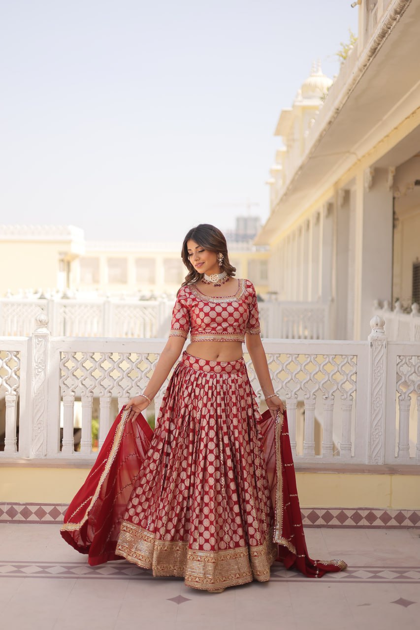 Red Jaquard Lehenga Set