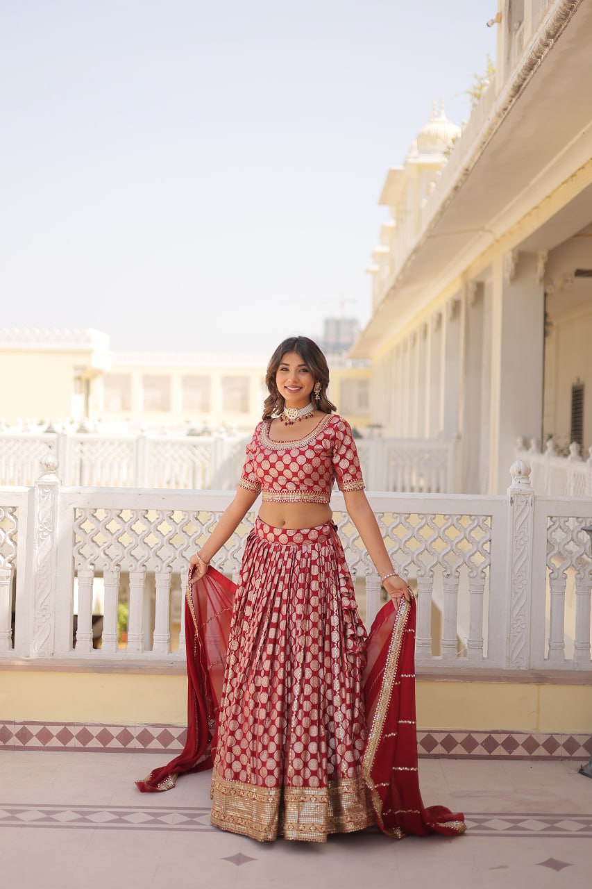 Red Jaquard Lehenga Set