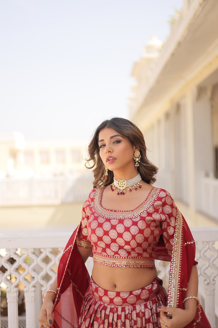 Red Jaquard Lehenga Set