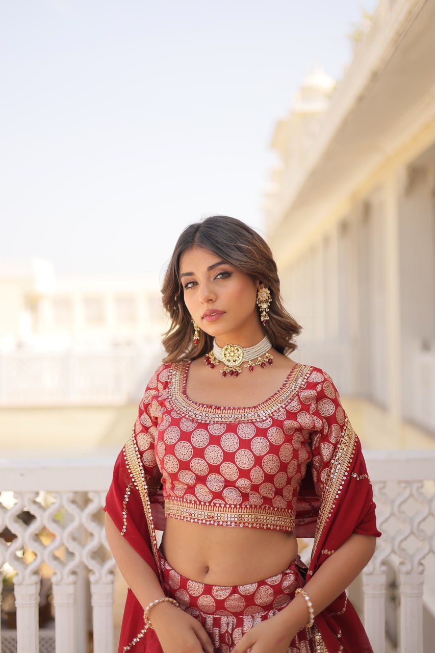 Red Jaquard Lehenga Set