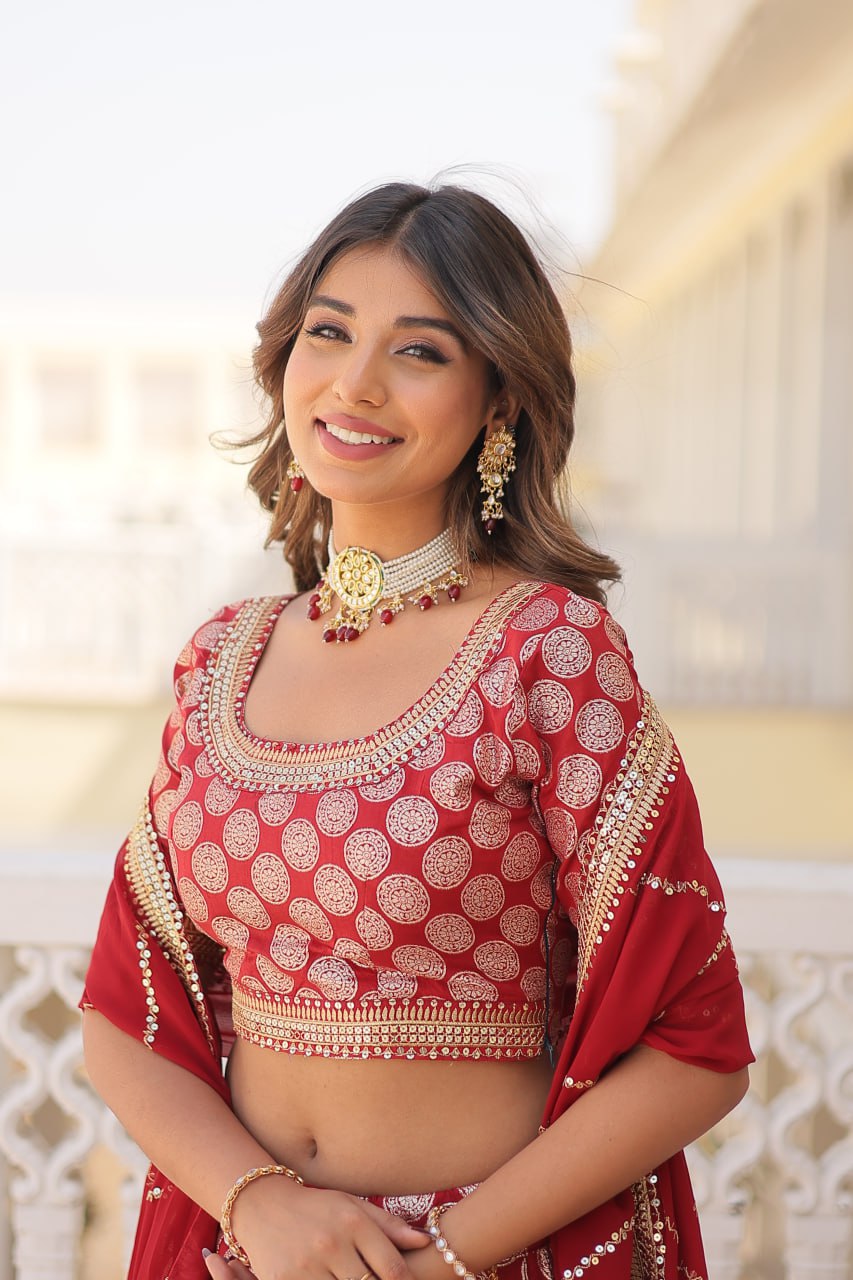 Red Jaquard Lehenga Set