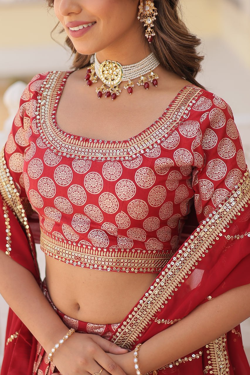 Red Jaquard Lehenga Set