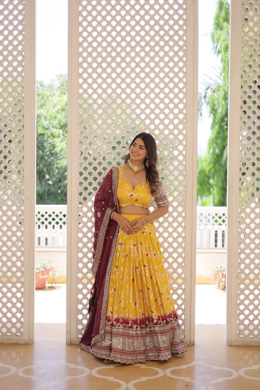 Yellow Jaquard Vine Floral Lehenga set