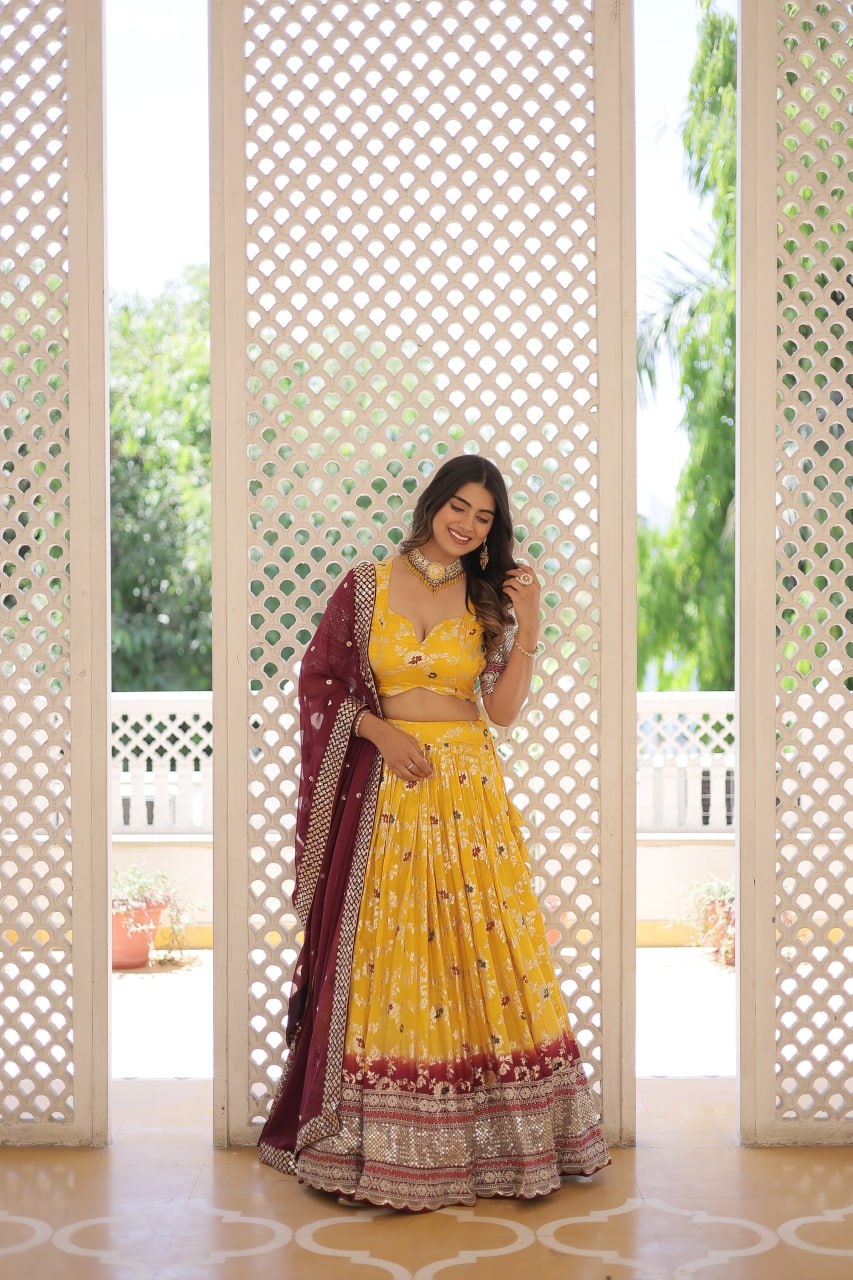 Yellow Jaquard Vine Floral Lehenga set