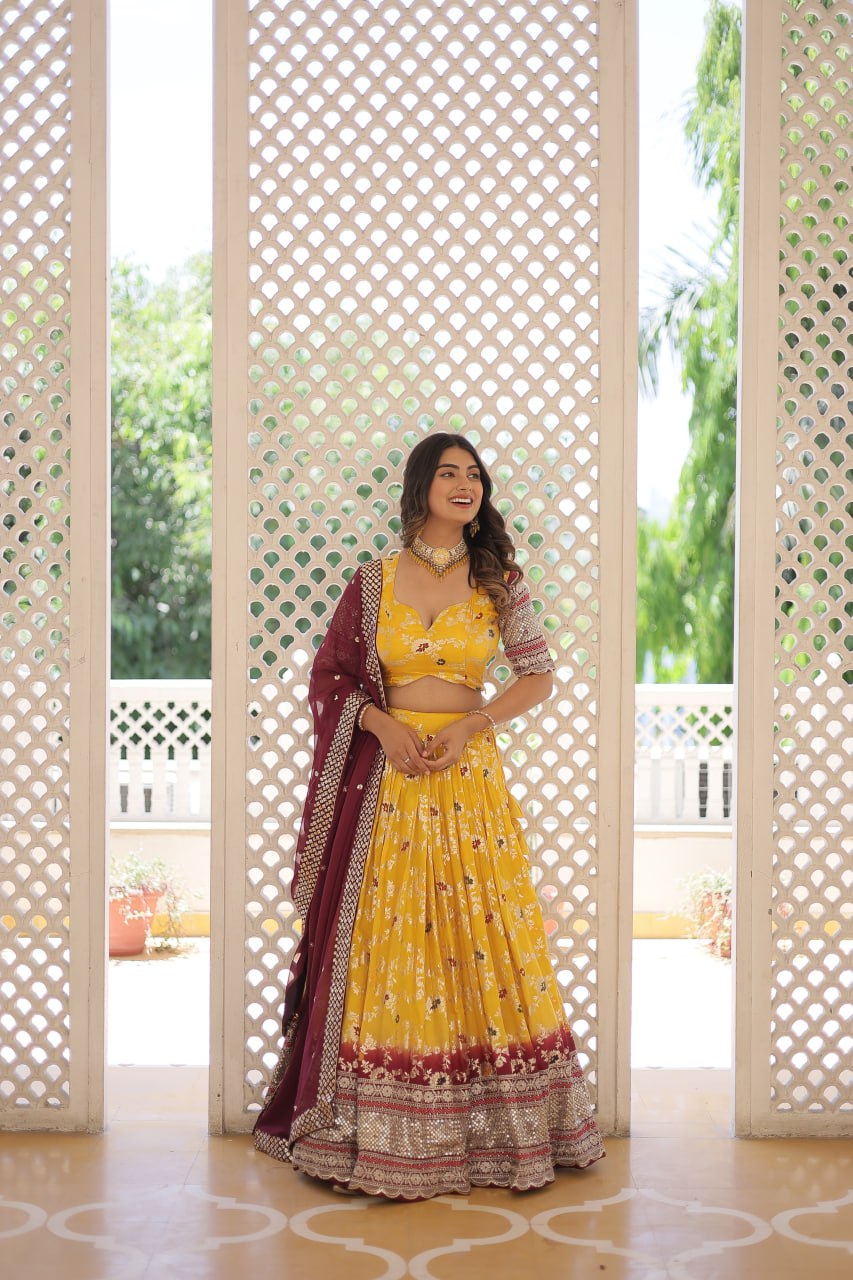 Yellow Jaquard Vine Floral Lehenga set