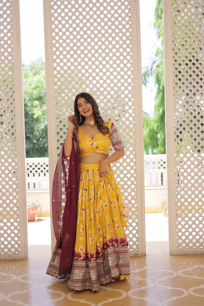 Yellow Jaquard Vine Floral Lehenga set