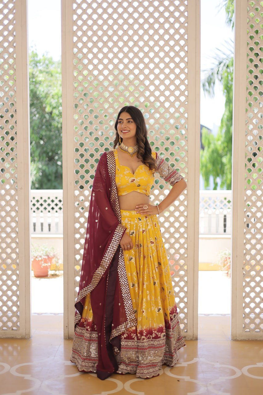 Yellow Jaquard Vine Floral Lehenga set