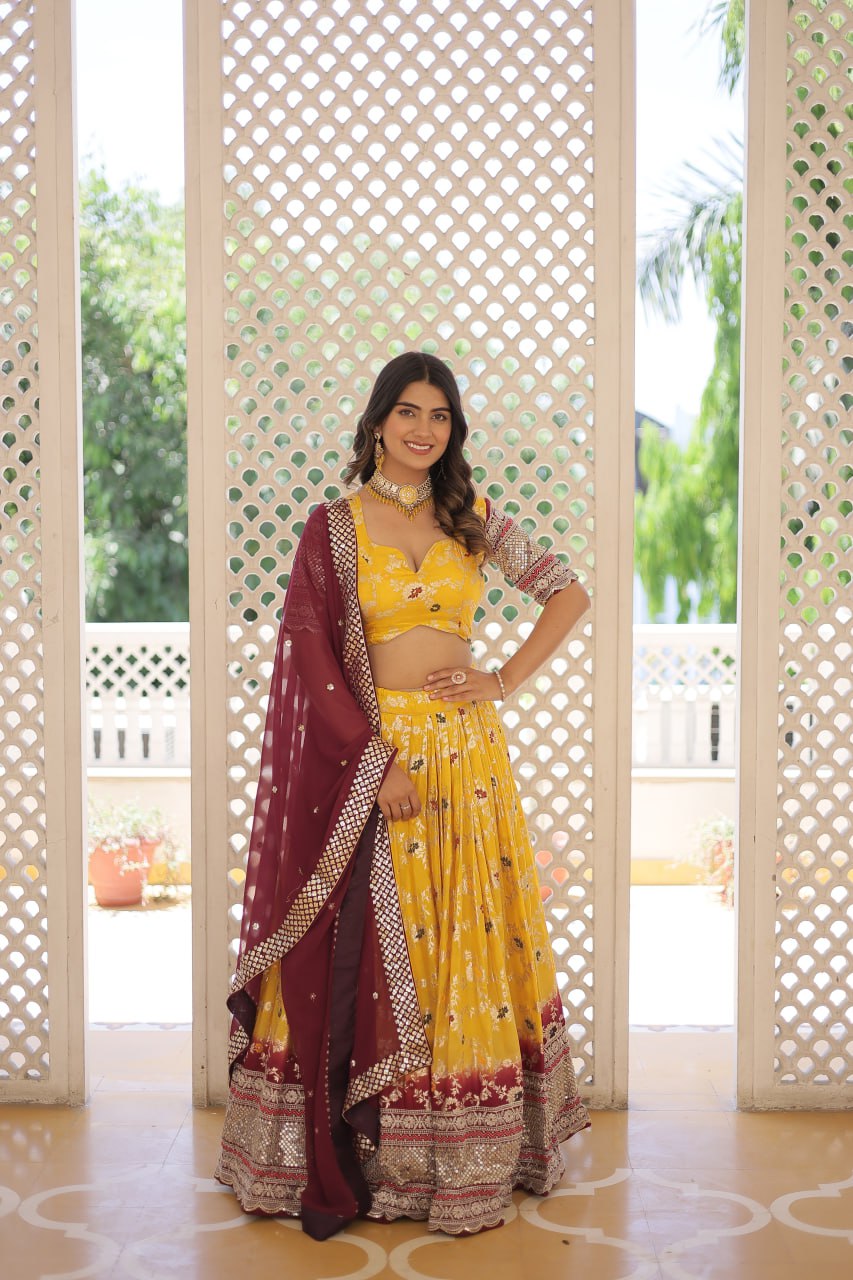 Yellow Jaquard Vine Floral Lehenga set