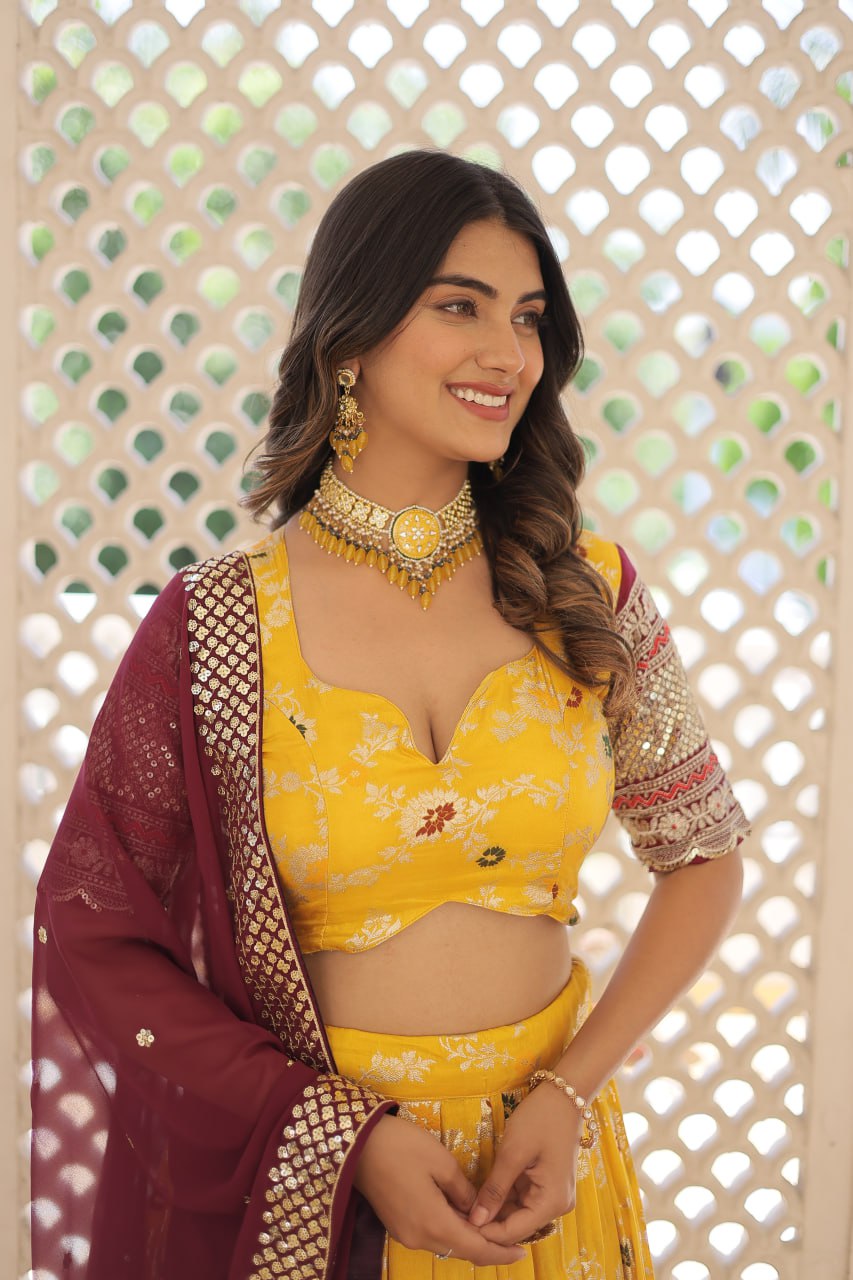 Yellow Jaquard Vine Floral Lehenga set