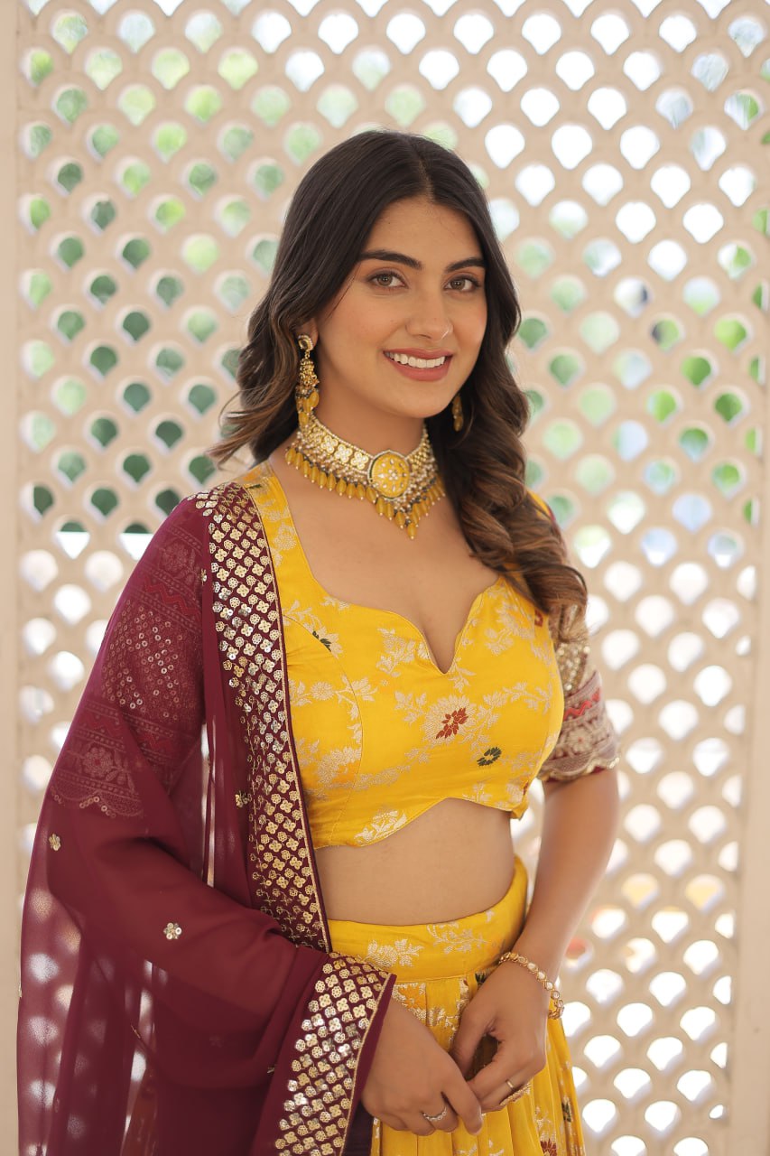 Yellow Jaquard Vine Floral Lehenga set