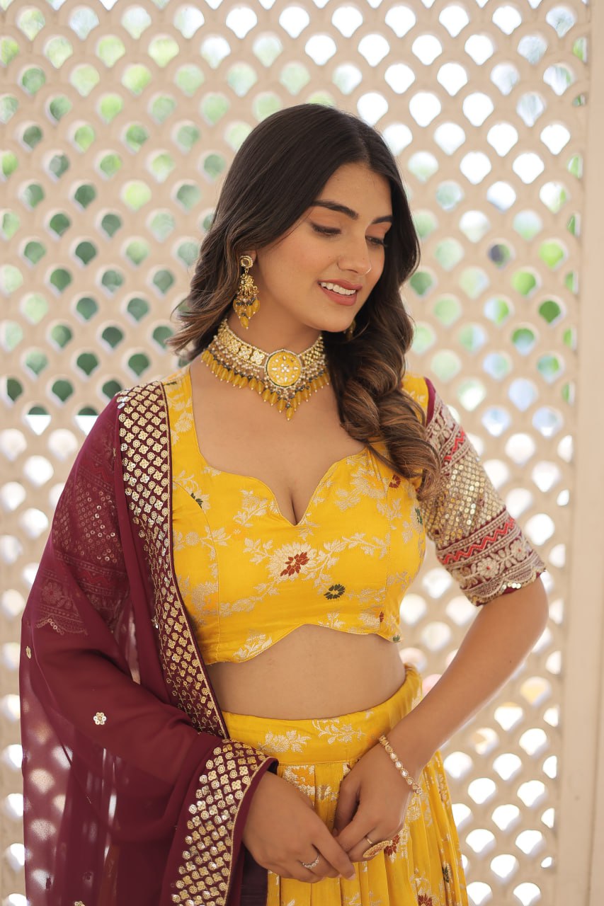 Yellow Jaquard Vine Floral Lehenga set