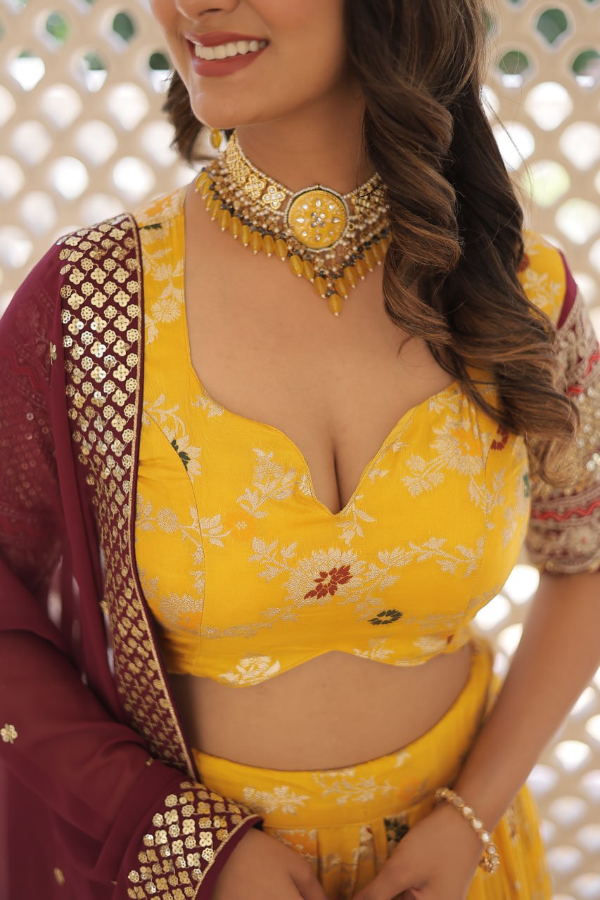 Yellow Jaquard Vine Floral Lehenga set