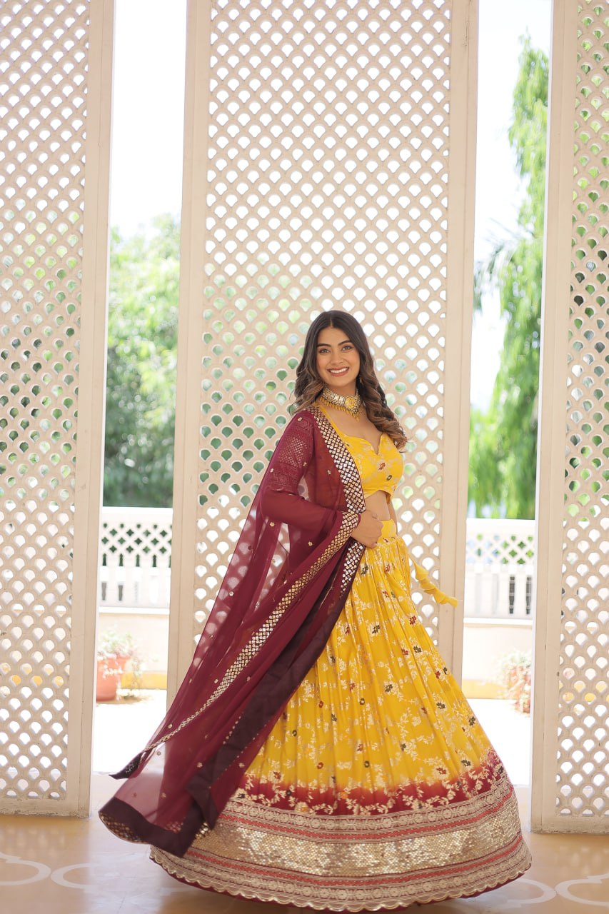 Yellow Jaquard Vine Floral Lehenga set