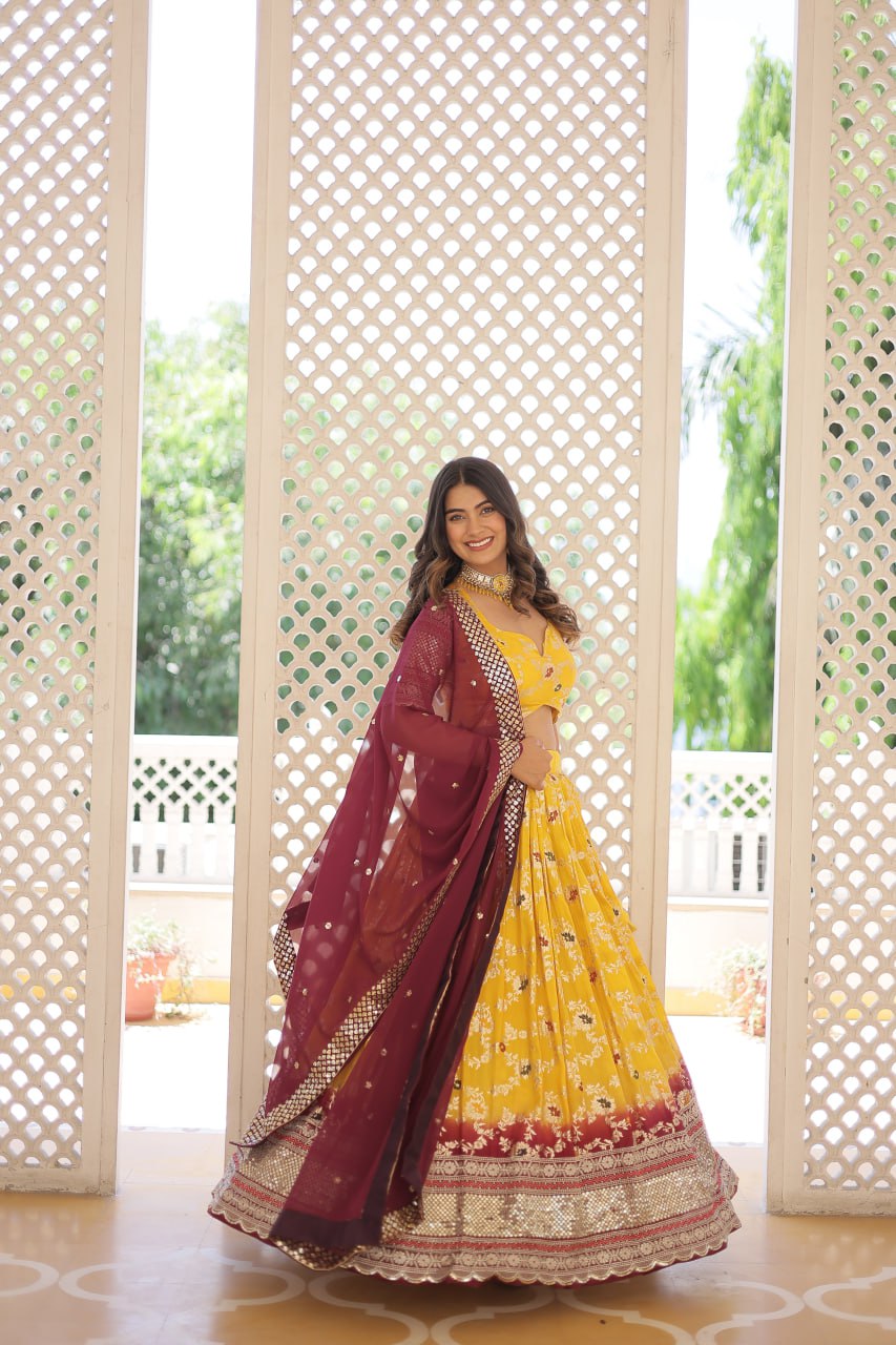 Yellow Jaquard Vine Floral Lehenga set