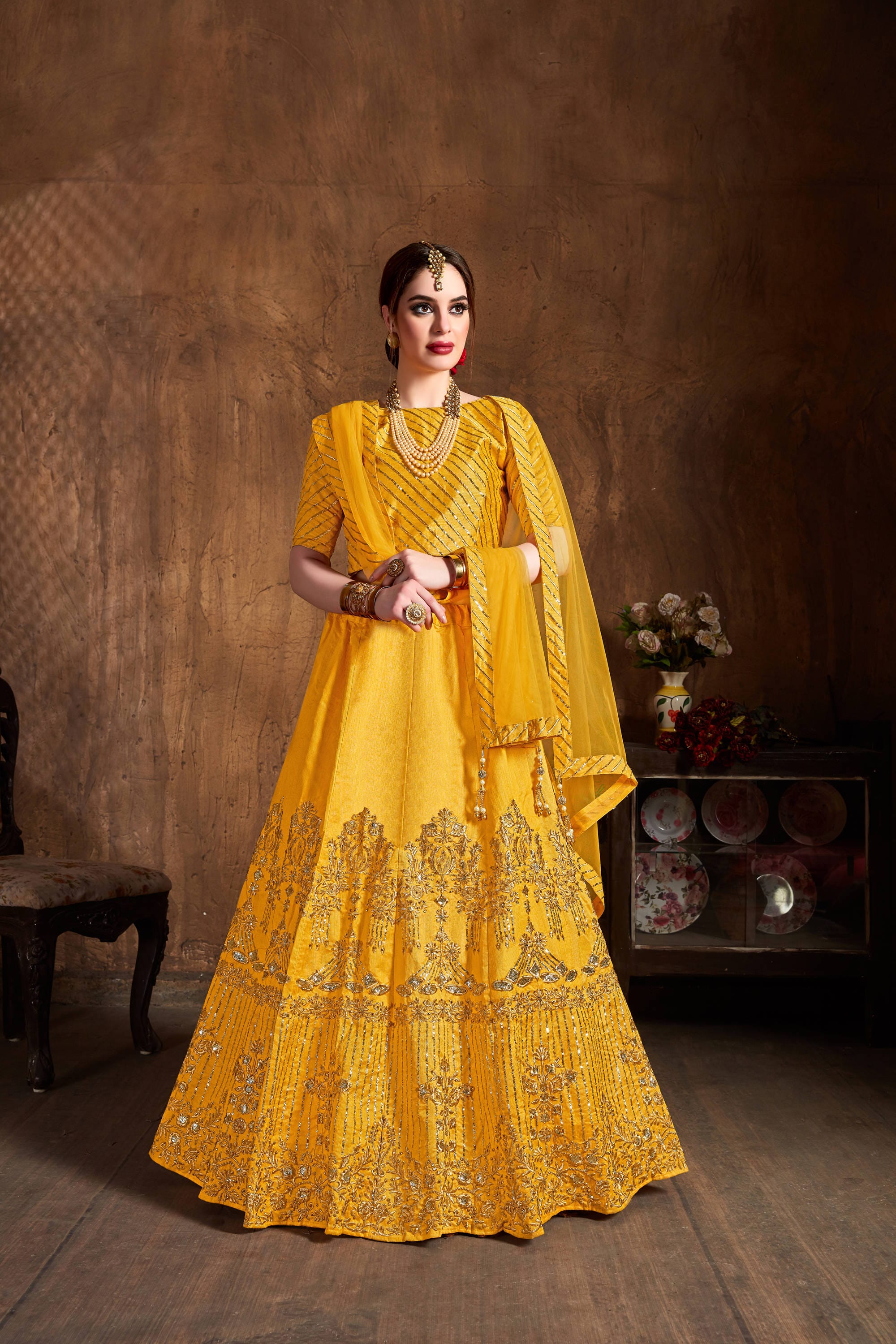 Yellow Women's Art Silk Embroidery Lehenga Choli