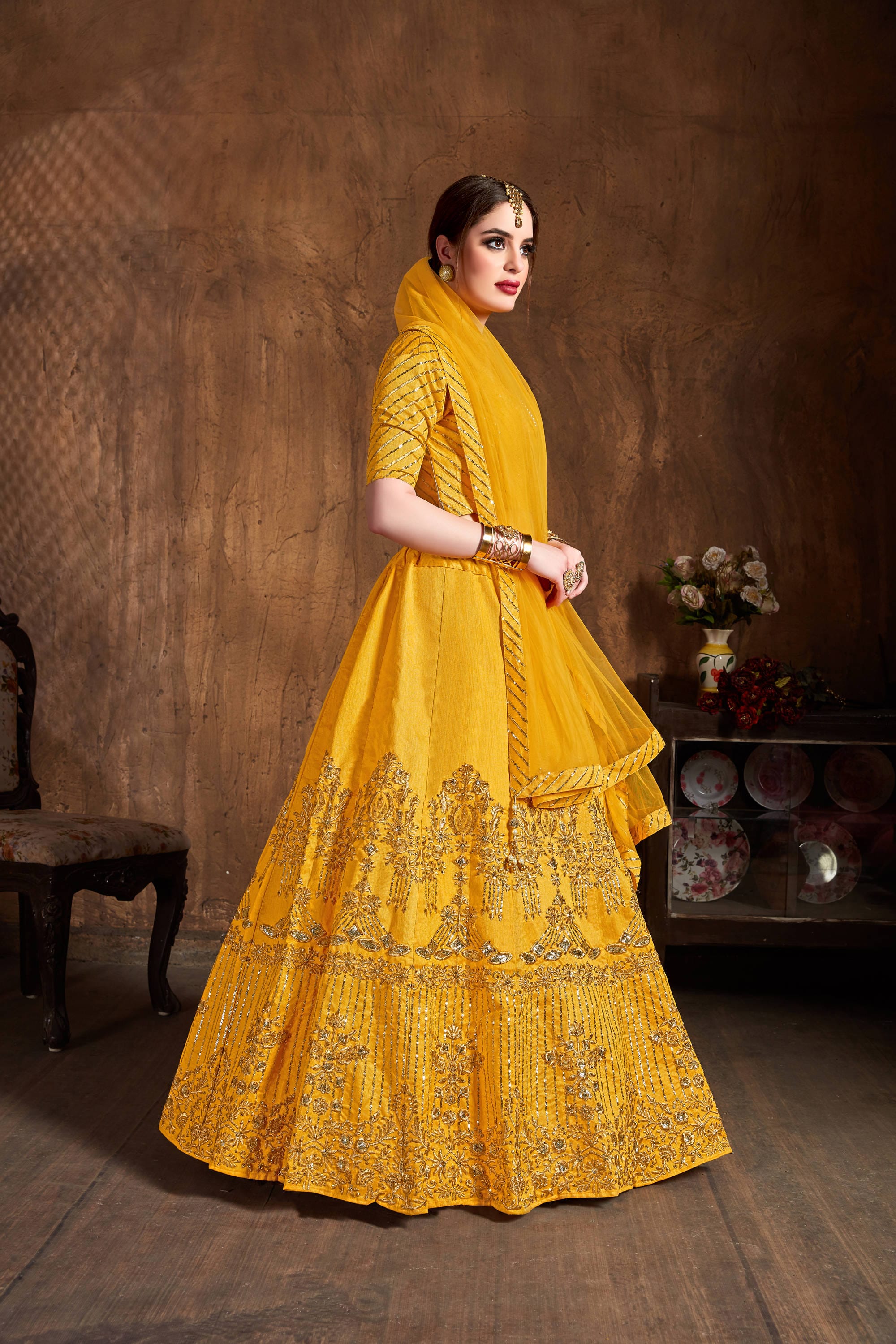 Yellow Women's Art Silk Embroidery Lehenga Choli
